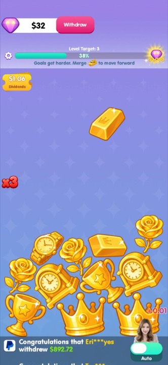 Gameplay board with golden treasures dropping